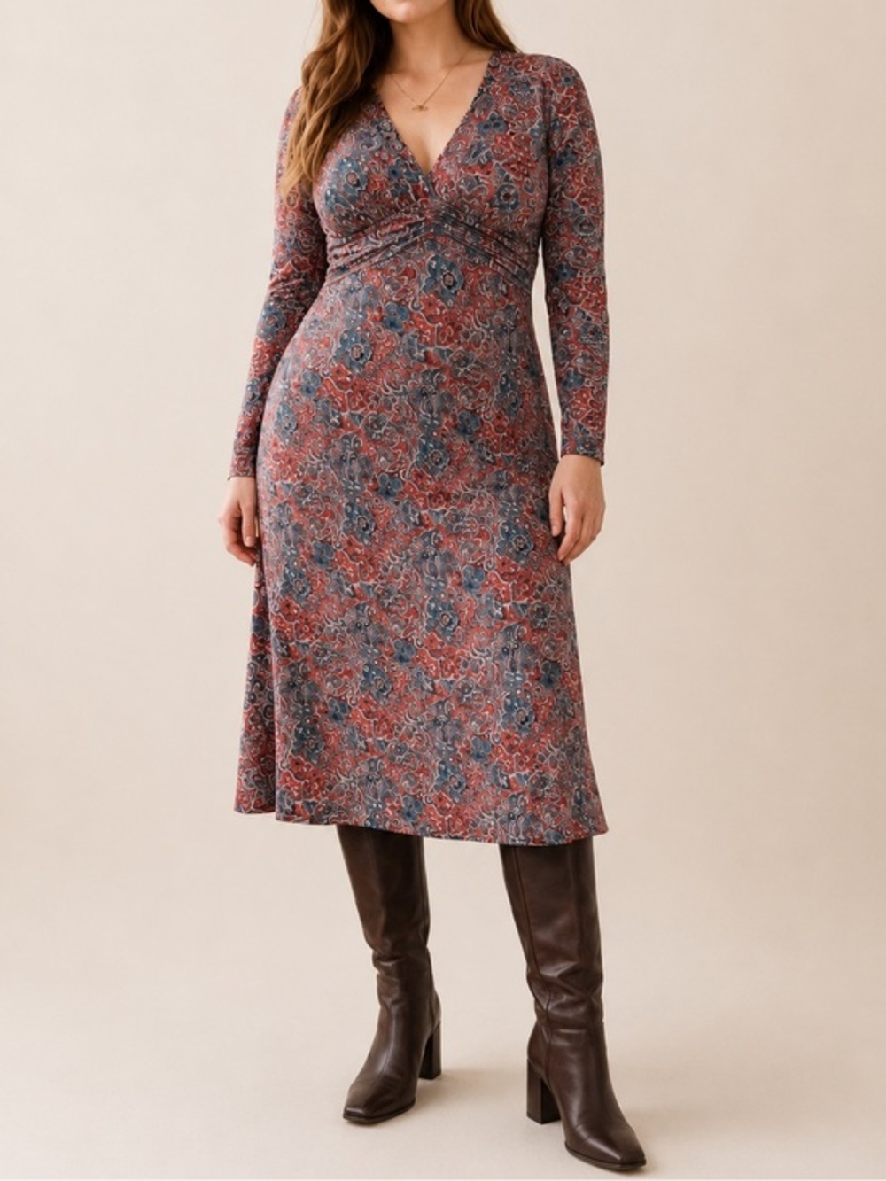 Boden Elodie Paisley Midi Dress Red Teal V-Neck Ruched Empire Waist Long Sleeve